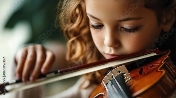 Fototapeta A young girl with curly hair concentrates on playing her violin indoors during an afternoon practice session, focusing intently on her technique and rhythm