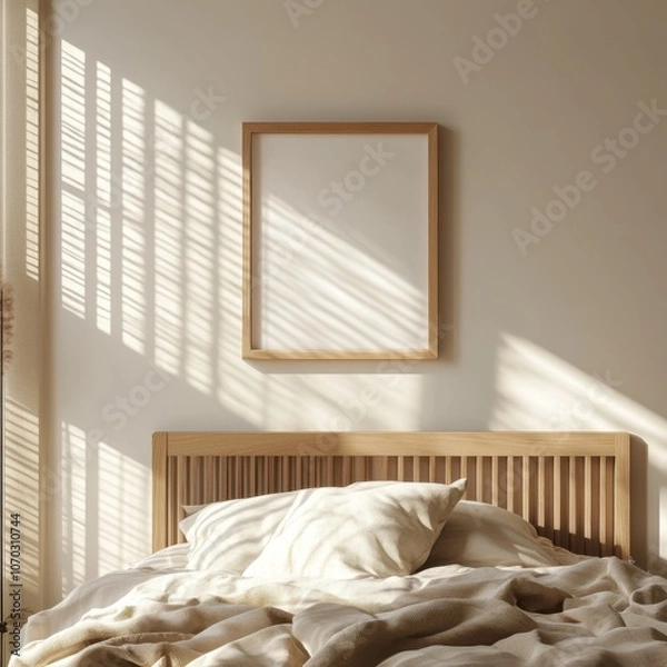 Fototapeta A bed with a white pillow and a wooden headboard