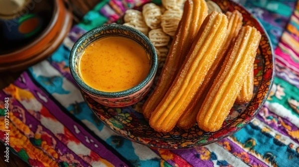 Fototapeta Delicious churros with a dipping sauce, served on a colorful tablecloth.