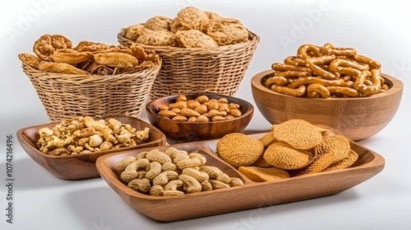 Fototapeta A variety of snacks in wooden bowls, including pretzels, peanuts, popcorn, and crackers.