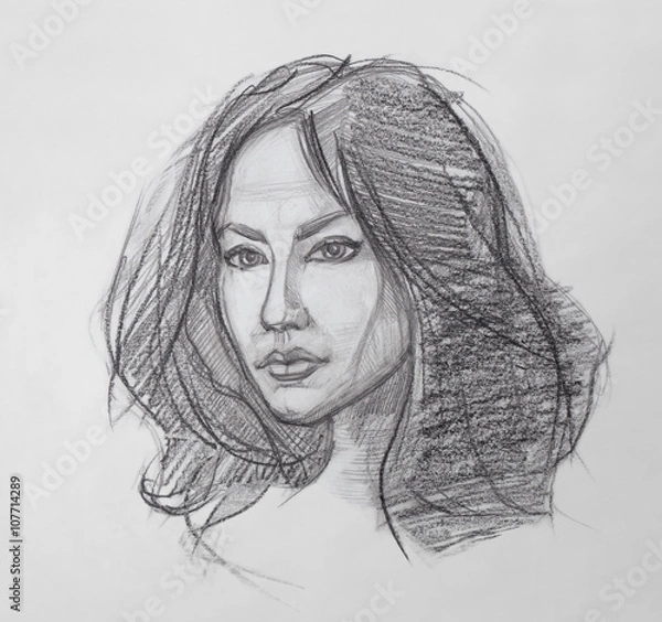 Fototapeta Female Portrait. The Fine Art Portrait of the Young Woman. Female Face. Human Head. Sketch. Hand Drawing. It is a Pencil Drawing.