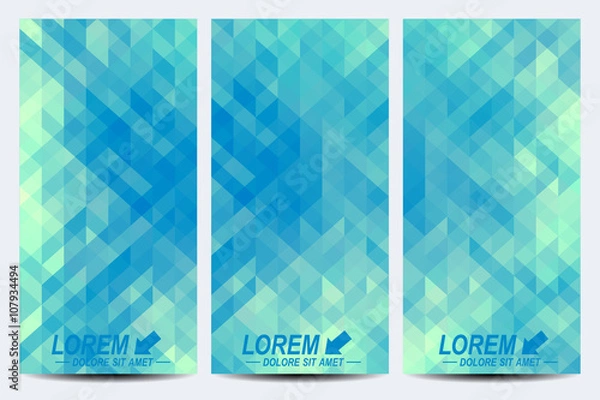 Fototapeta Blue set of vector flyers. Background with light blue triangles. Flyer, web, banner, card, vip, certificate, gift, voucher. Modern business stylish design