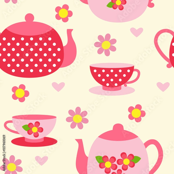 Fototapeta Seamless pattern with tea cups and pots