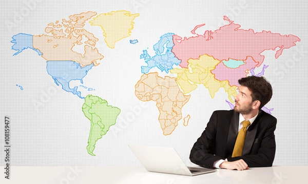 Fototapeta Business man with colorful world map background