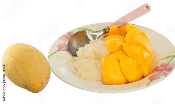 Fototapeta Thai dessert mango with sticky rice on white background