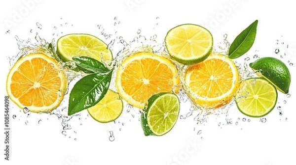 Fototapeta  Slices of Lime and Lemon with Green Leaves Splashing into Water, Creating a Dynamic Citrus Explosion with Refreshing Droplets, Perfect for a Summer-Themed Image