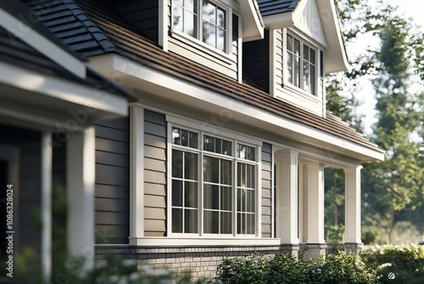 Fototapeta Modern Gray House Exterior With White Trim And Windows