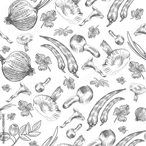 Fototapeta Hand drawn sketch vegetables, Vector illustration mushrooms, olive, pepper, onion isolated on white, Ideal for use in organic food industry, healthy green food market, vegetarian restaurant menu