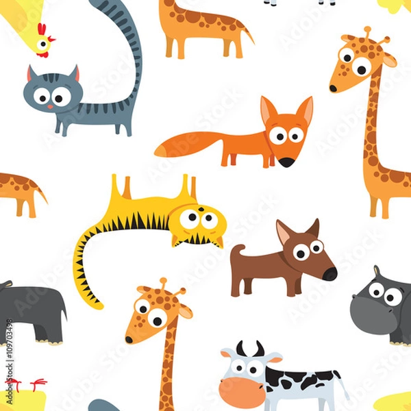 Fototapeta Seamless background pattern with farm animals in children's cartoon style