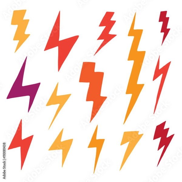 Fototapeta Set of colorful lightning doodle, group of hand drawn objects