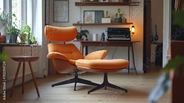 Fototapeta Cozy living room featuring an orange lounge chair and plants.