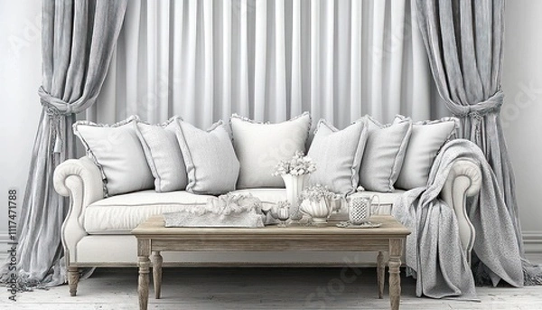 Fototapeta Elegant White Sofa with Grey Curtains and Coffee Table