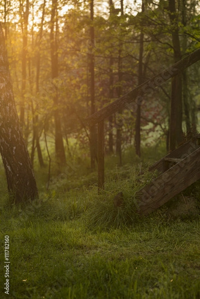 Fototapeta old wooden stairs at sunset