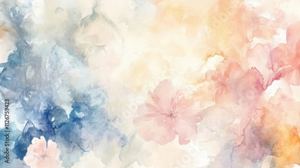 Fototapeta Soft watercolor florals in pastel tones, subtly scattered across a pale grayish-white background,