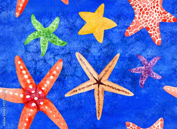 Fototapeta watercolor hand painted seamless pattern with starfish