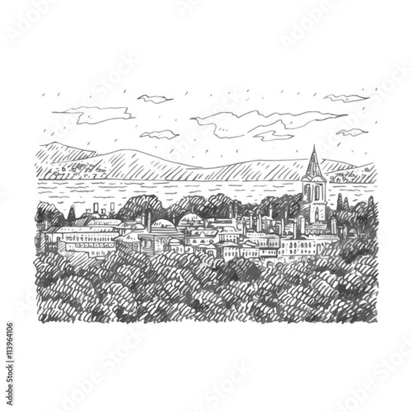 Fototapeta View of Topkapi Palace, Istanbul, Turkey. Vector freehand pencil sketch.