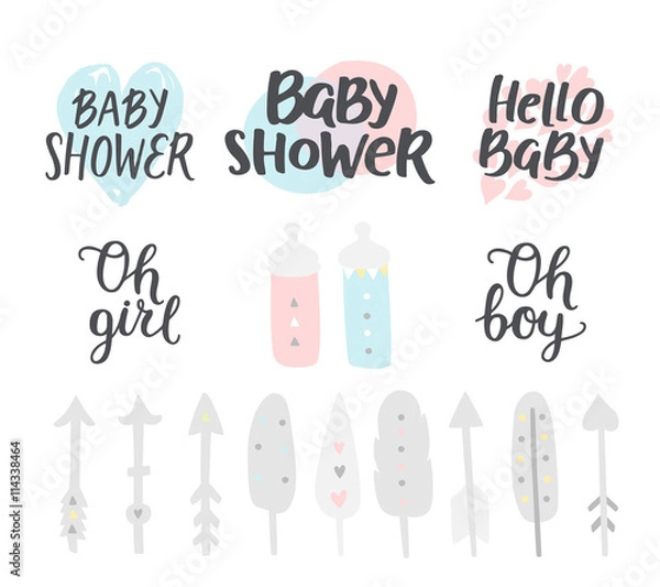 Fototapeta Baby shower girl and boy, vector elements. Hand drawn text, feathers, nipples and arrows for design shower invitations, posters and cards