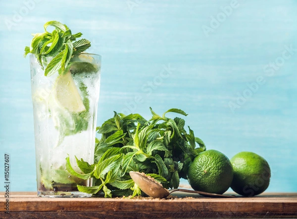 Fototapeta Homemade Mojito cocktail in tall glass with bunch of mint, brown sugar and limes