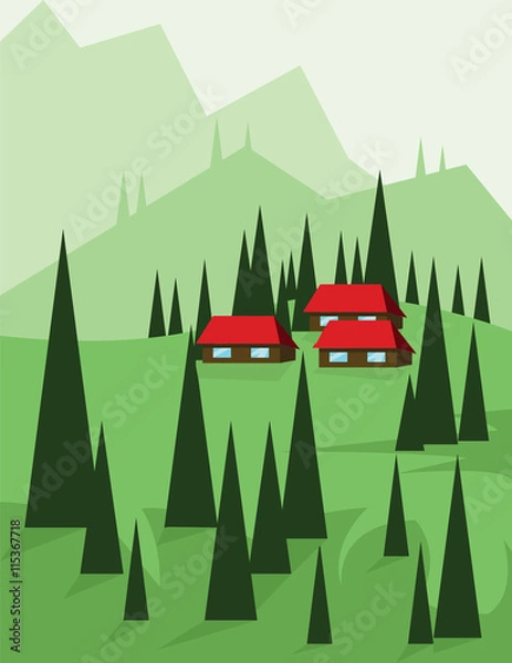 Fototapeta Abstract landscape design with green trees and hills, red houses in the mountains, flat style. Digital vector image.