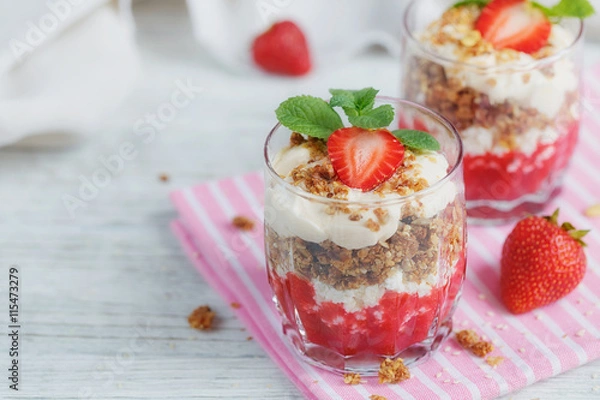 Fototapeta Dessert with fresh berries, cottage  cheese, granola and berries