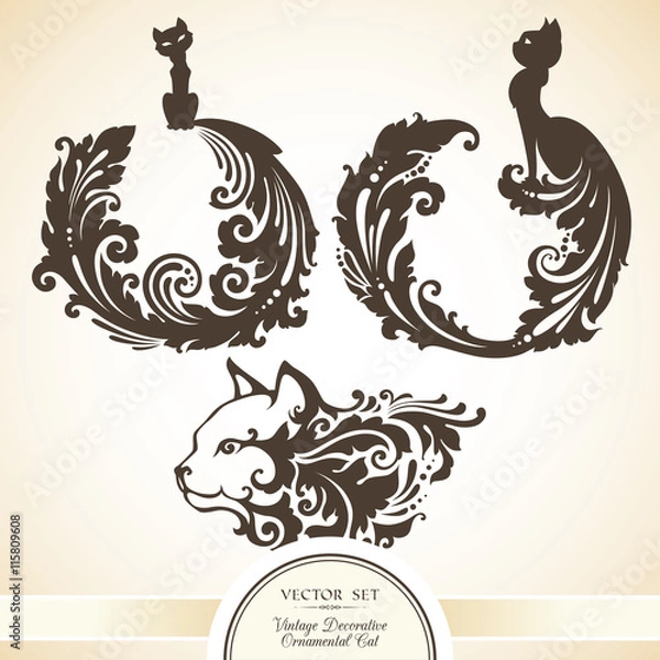 Fototapeta Vector set of decorative ornamental cat illustration