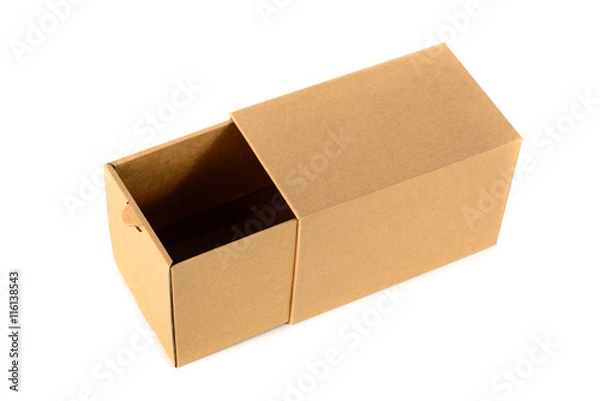 Fototapeta Brown cardboard box package with cover, isolated on white backgr