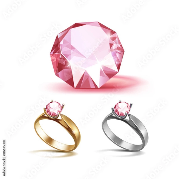 Fototapeta Gold and Siver Engagement Rings with Pink Shiny Clear Diamond