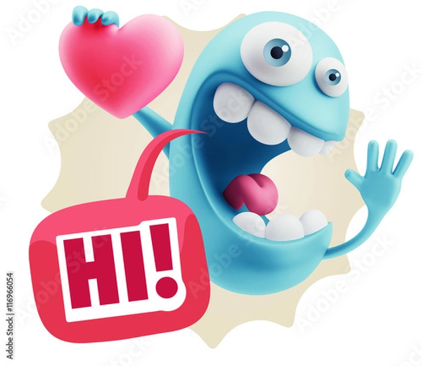 Fototapeta 3d Rendering. Emoji in love holding heart shape saying Hi with C