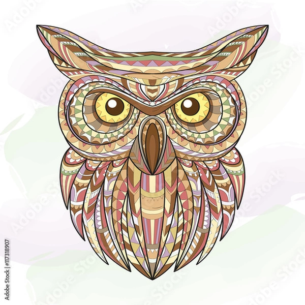 Fototapeta Detailed hand drawn doodle outline owl illustration. Decorative in zentangle style. Patterned fiery on the grunge background. It may be used for design a t-shirt, bag, postcard, poster and so. Vector.