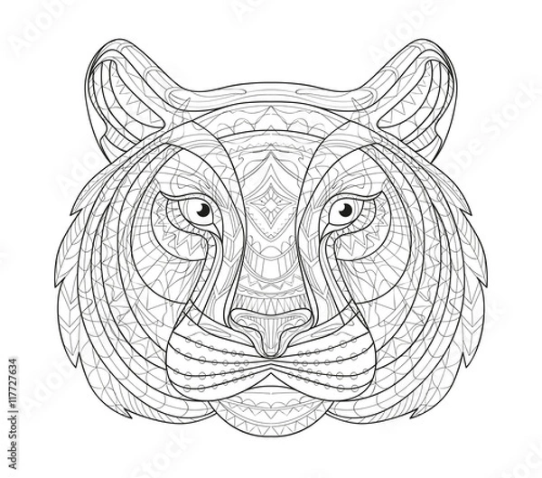 Fototapeta Hand drawn doodle outline tiger illustration. Decorative in African indian totem Ethnic tribal aztec design. Sketch for adult antistress coloring page.