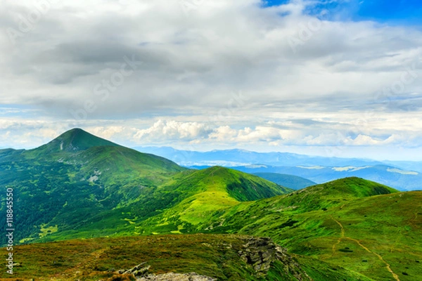 Fototapeta Picturesque Carpathian mountains landscape, view from the height, Chornogora ridge, Ukraine.