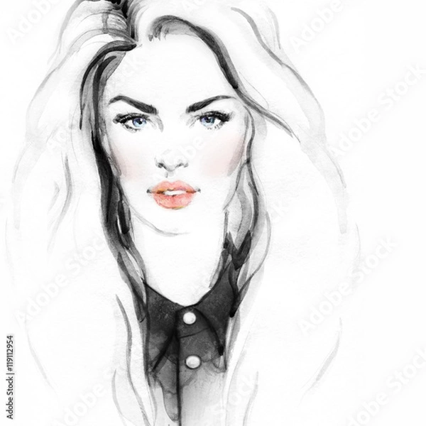 Fototapeta Beautiful woman face. Abstract fashion watercolor illustration