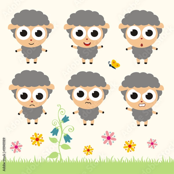 Fototapeta Vector set cute sheep. Collection isolated funny sheep. Emotion little sheep.