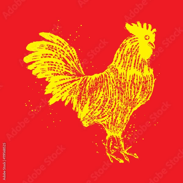 Fototapeta Rooster yellow on red background. Vintage style cock. Zodiac symbol for Chinese New year 2017. Hair texture on the edge of the rooster with paint texture ink. Grunge.