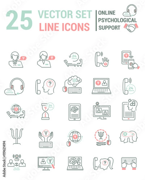 Fototapeta Set vector line icons in flat design with Online psychological s