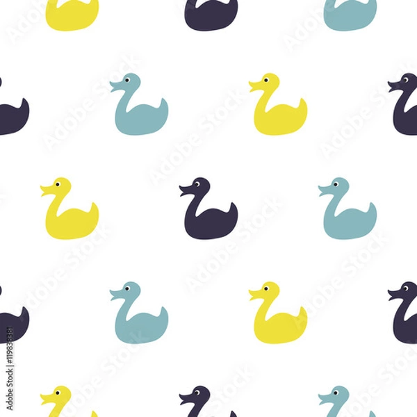 Fototapeta Duck blue, purple and yellow kid pattern. Baby duck toy vector seamless pattern for fabric print and apparel.