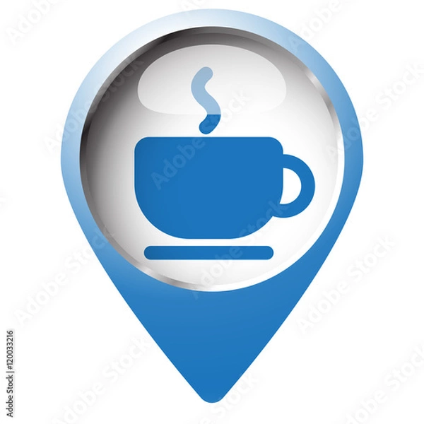 Fototapeta Map pin symbol with Coffee icon. Blue symbol on white background