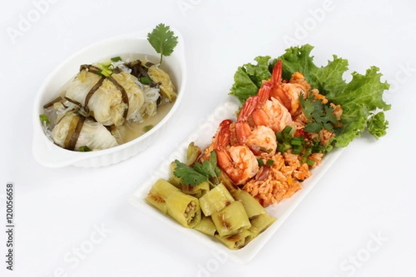 Fototapeta Fried rice with shrimp and grilled green sweet chili served with Streamed lettuce wrap minced pork soup on white background.side view