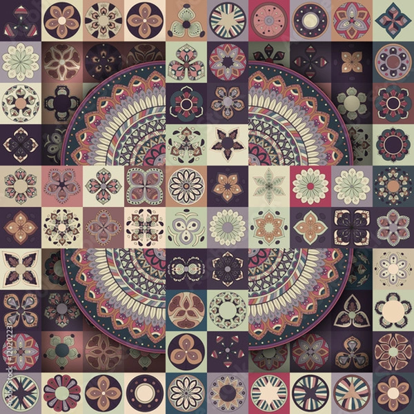 Fototapeta Colorful vintage seamless pattern with floral and mandala elements.Hand drawn background. Can be used for fabric, wallpaper, tile, wrapping, covers and carpet. Islam, Arabic, Indian, ottoman motifs.