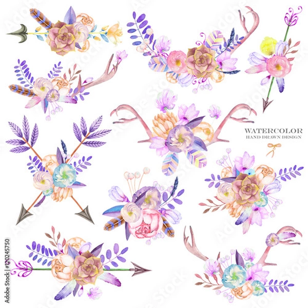 Fototapeta Bouquets with the watercolor floral elements: succulents, flowers, antlers, leaves, feathers, arrows and branches, on a white background, for a greeting card, a decoration of a wedding invitation