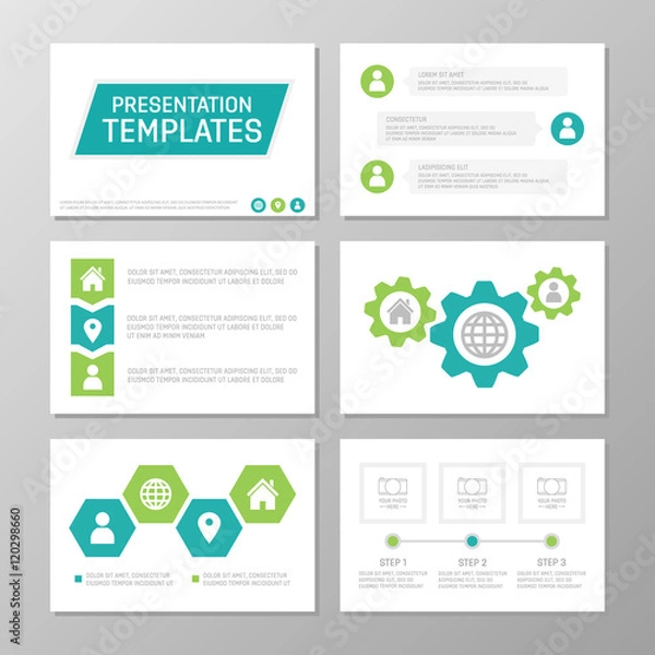 Fototapeta Set of green and turquoise template for multipurpose presentation slides. Leaflet, annual report, book cover design.