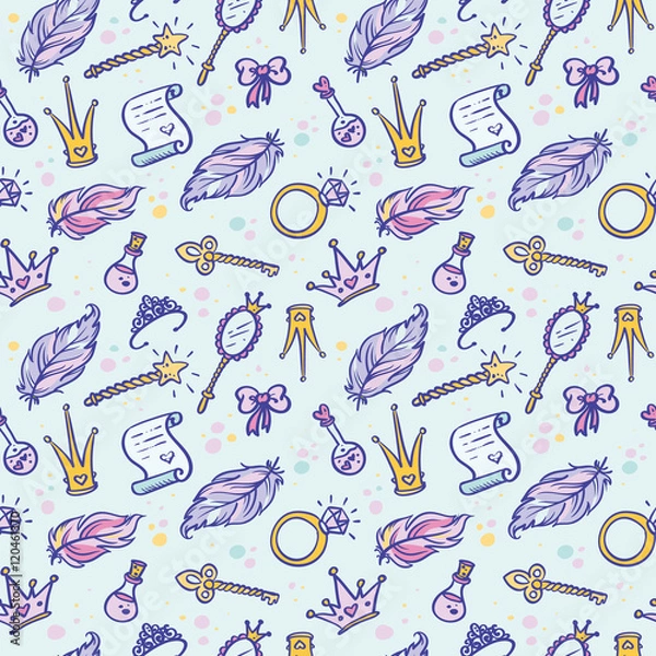 Fototapeta Hand-Drawn Princess Doodle Design Elements pattern. Vector seamless Illustration