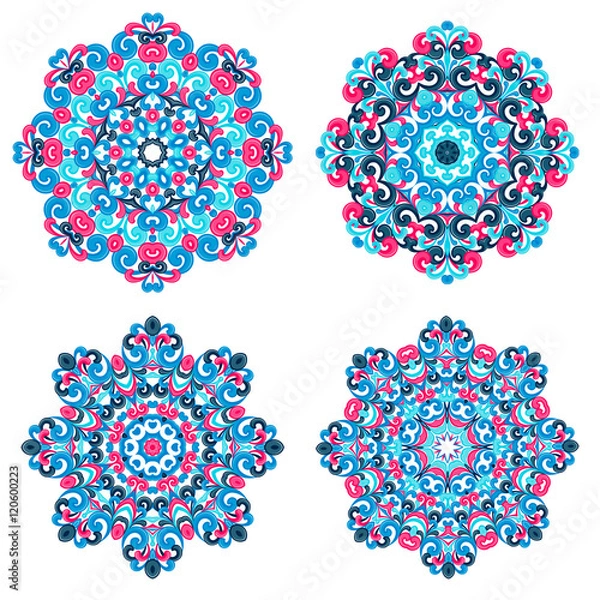 Fototapeta Colorful mandalas in oriental style. Set of round ethnic patterns isolated on white background. Traditional lace ornaments. Arabic, asian, islamic, indian motifs. Vector illustration.