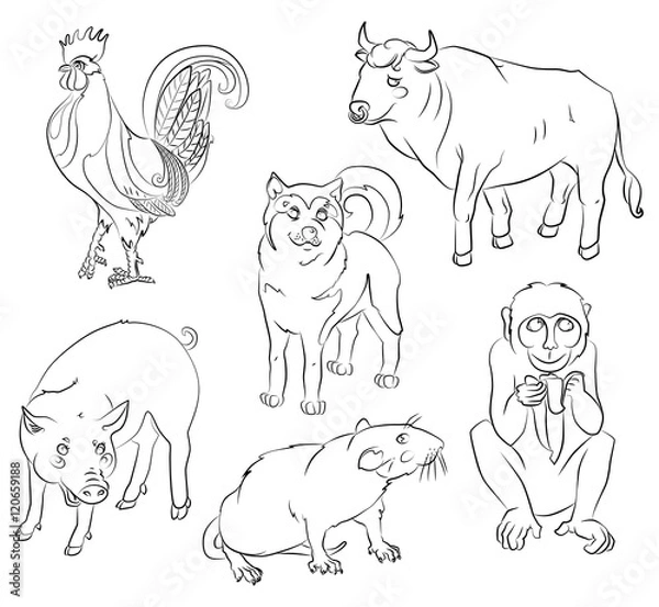 Fototapeta rooster, dog, pig, rat, monkey and ox