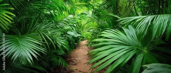 Fototapeta A dense, lush jungle path surrounded by vibrant green foliage and large palm leaves leading deeper into the wilderness.