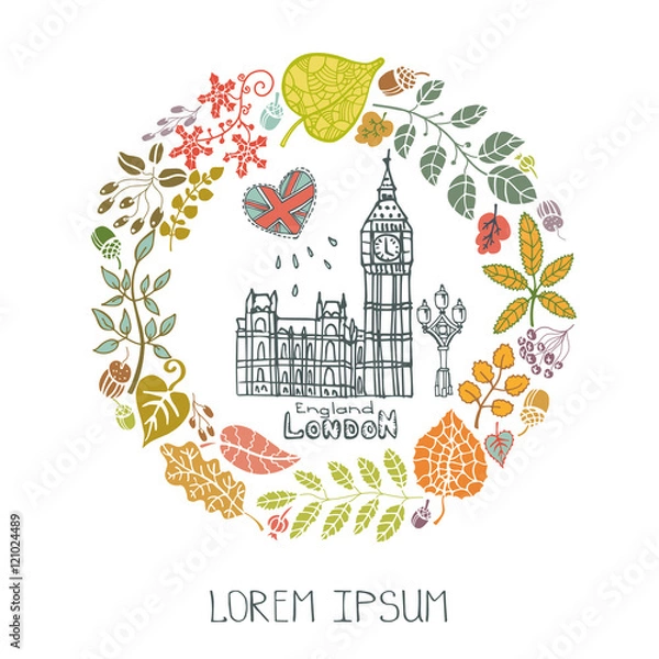 Fototapeta London  landmark.Autumn leaves wreath,Big Ben