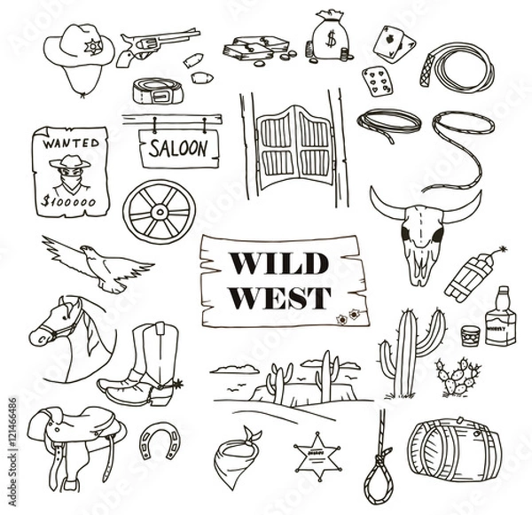 Fototapeta Hand-drawn doodles of the wild west objects: revolver, cowboy, money, horse, dynamite, lasso, sheriff, desert, landscape, cactus, alcohol, wanted, eagle, wheel, saloon. Line art illustrations.