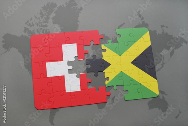 Fototapeta puzzle with the national flag of switzerland and jamaica on a world map background.