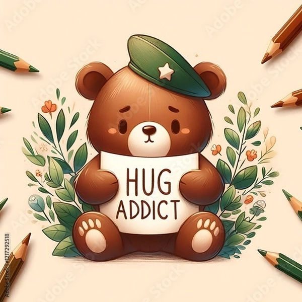 Fototapeta a cute bear-hugging a sign that reads HUG ADDICT in bold, white hand-drawn letters, Bear hug label, hug day banner, poster for website, template, Bear holding sign, created with generative ai