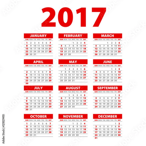 Fototapeta Calendar for 2017 on white background. Vector EPS10. red